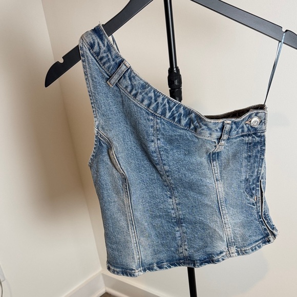 Zara Blue Denim One-Shoulder Crop Top - Picture 2 of 6